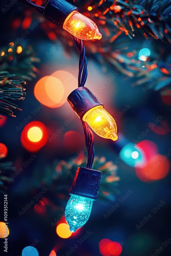 Poster a close-up shot of a string of lights wrapped around a tree, perfect for festive decorations or phot