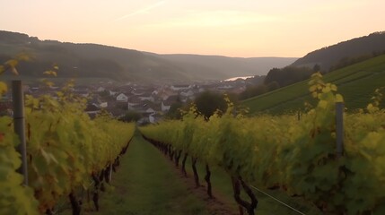 Naklejka premium Vineyard Landscape at Sunrise Over Village in Valley