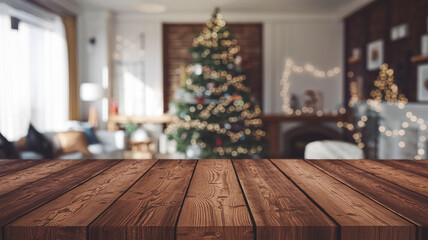 Empty wooden table top with a blurred room and Christmas tree background, ideal for product display montages and holiday-themed presentations.

