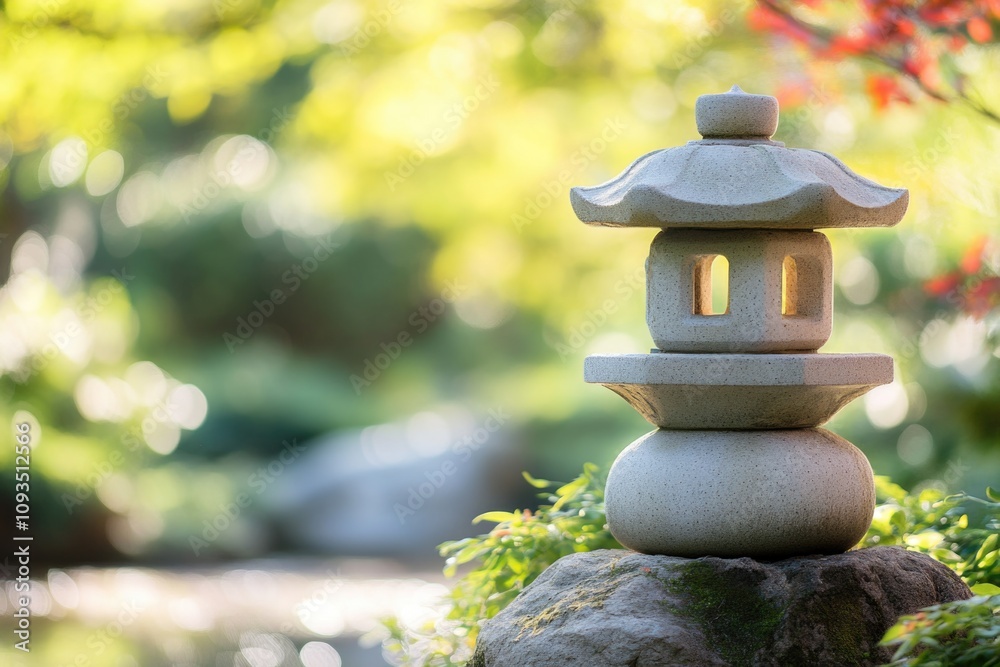 Poster a single stone lantern sitting on top of a rock in a natural setting
