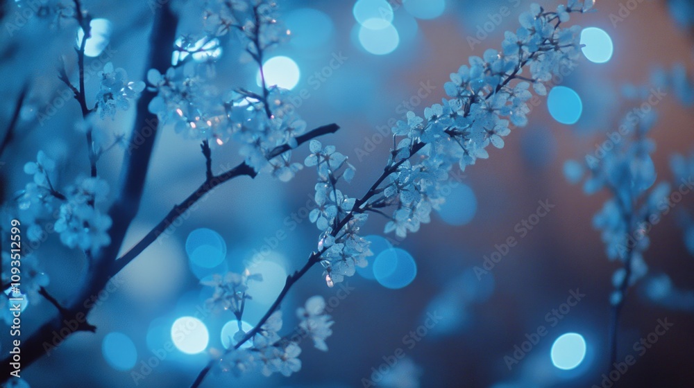 Poster close-up shot of a tree branch with blue lights shining in the background, ideal for use in festive 