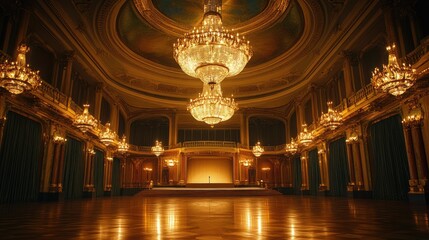 Obraz premium Grand ballroom with opulent chandeliers, wooden floor, and gold accents.