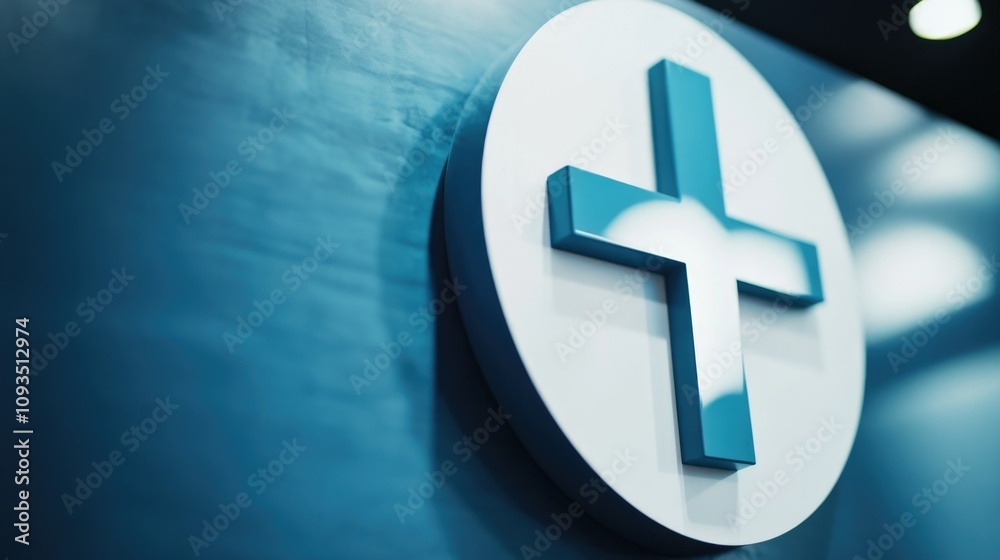 Poster a blue cross on a white background with a simple design, suitable for medical or cautionary contexts