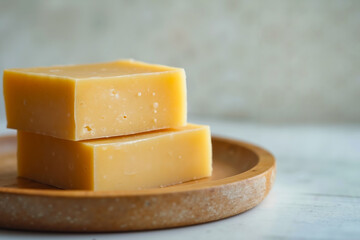 A stack of three pieces of cheese sitting on top of a wooden plate