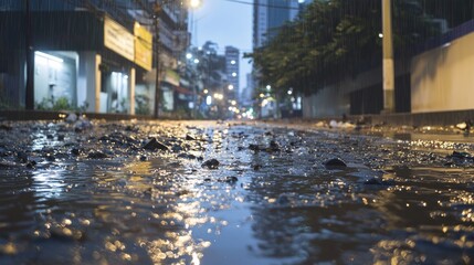 City Street Submerged in Rainwater and Debris Due to Urban Runoff - Environmental Impact of Stormwater Management in Urban Areas