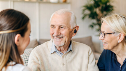 Smiling Elderly Man with Hearing Aid Sitting with Family, Enjoying Quality Time Talking and Laughing Together