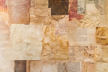 A collection of papers and documents pinned to a wall in an office setting