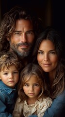 Obraz premium A touching photo of a beautiful family, where a husband, wife and children are together against the background of a home interior. The scene shows the warmth and love that reigns in the family,