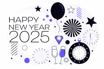 Festive Happy New Year Vector Design with Sparkling Decorations on White Background

