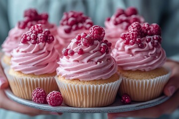 "Delicious cream cakes, each decorated with a red caramelized raspberry. Soft cakes with delicate cream are complemented by a sweet and glossy layer of caramelized raspberries,