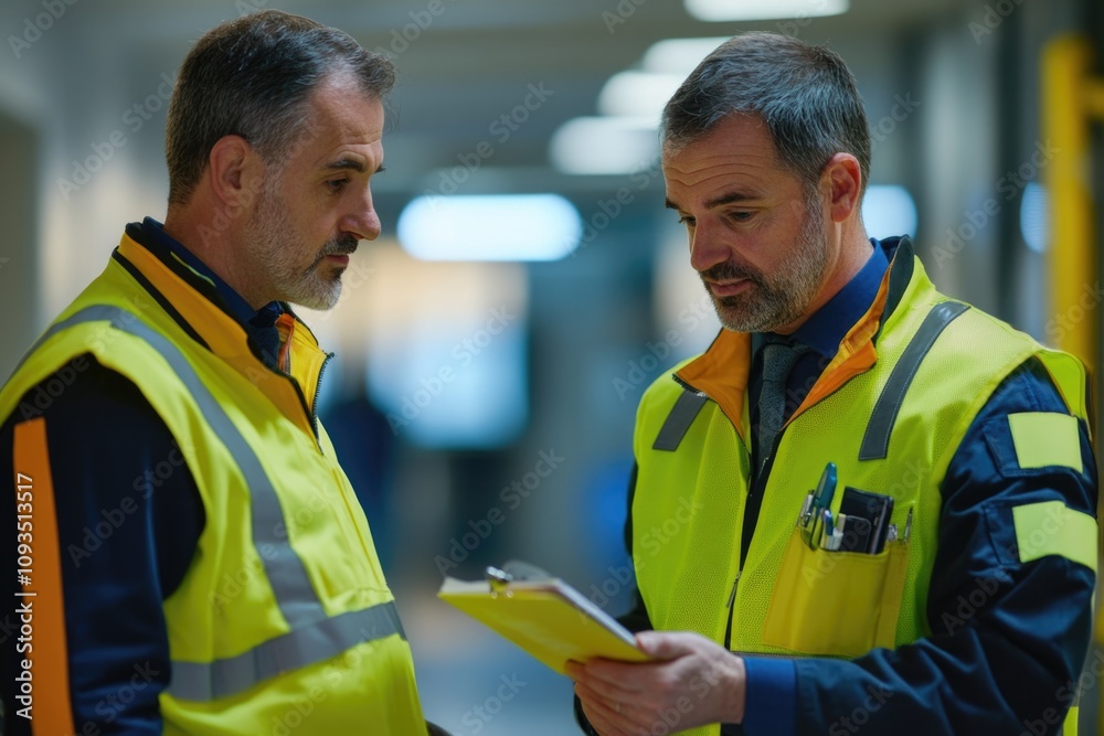 Poster two construction workers examining a project site with a clipboard