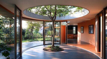 Fototapeta premium Modern home interior with circular design, tree, and glass doors.