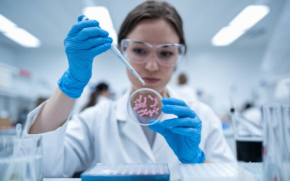 Cropped shot of a female microbiologist in medical gloves, observing a bacterial colony in a petri dish while dripping liquid from a pipette at a laboratory workstation, with copy space.


