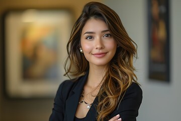 Fototapeta premium Smiling Hispanic Businesswoman with Arms Crossed in the Office