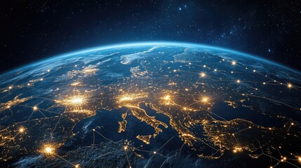 Obraz premium Europe at night, illuminated cities and connection lines.