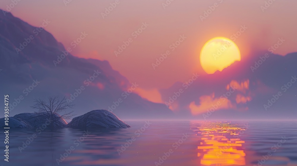 Poster a serene sunset scene with rocks in the foreground, great for use as a background or in an outdoor-t