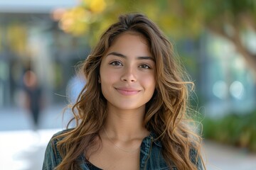Obraz premium Friendly Hispanic Woman Smiling Outdoors for a Casual Portrait