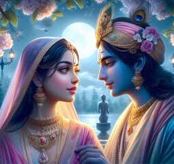 Romantic Moonlit Encounter of Radha and Krishna by the Lake