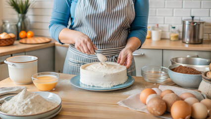 Woman decorating a cake with frosting in a cozy kitchen at home