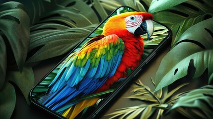 Obraz premium Vibrant Macaw Displayed on Modern Smartphone Screen
