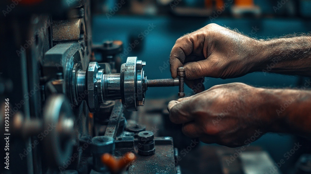 Poster close-up of a man's hands working on a metal machine with a nut and bolt