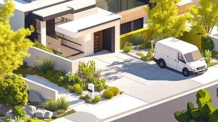Modern House Driveway Landscaping Design With Van
