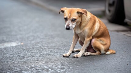 A brown dog sitting by the roadside, with a calm expression