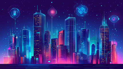 Futuristic smart city with digital technology elements and holographic interfaces concept illustration. Futuristic Holographic Cities. Illustration