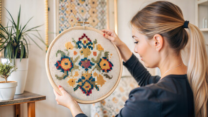 Obraz premium Woman embroidering colorful floral pattern on fabric using hoop in bright workspace