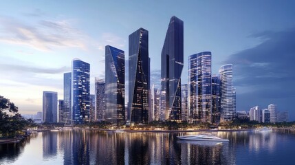 Fototapeta premium Modern skyscrapers reflecting in calm water at dusk.