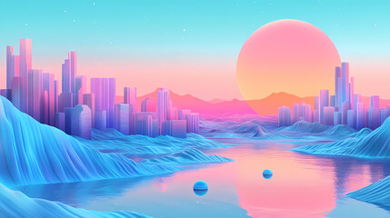 Fototapeta premium Fluid holographic illustration of a futuristic city with blue and pink colors. Futuristic Holographic Cities. Illustration