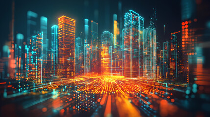 Ethereal holographic cityscape - futuristic digital architecture landscape. Futuristic Holographic Cities. Illustration