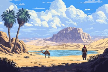 Pixel art desert oasis landscape shows adventurer near oasis with camels. Scenic retro video game style illustration. Classic pixel art style. Wanderer by oasis. Camels near water. Palm trees.