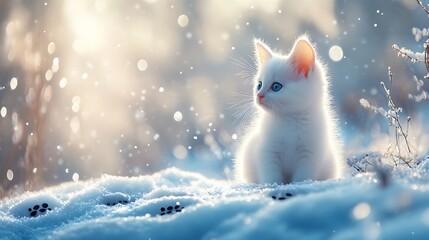 A white kitten surrounded by a ring of snowy pawprints sitting in the middle of a sparkling winter landscape