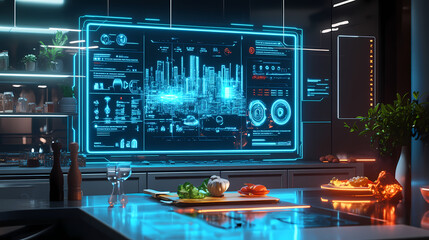 A holographic food display in a futuristic kitchen, glowing interface, neon blue, 3d rendering, high-tech. Futuristic Holographic Cities. Illustration