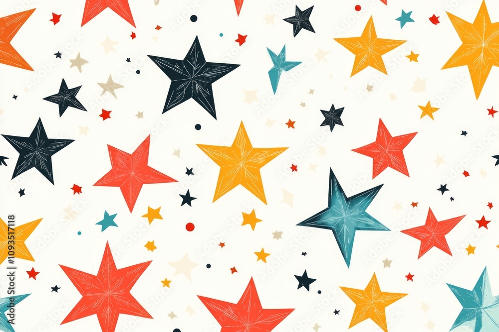 Poster a bunch of colorful stars on a white background, suitable for use in space-themed designs and illust