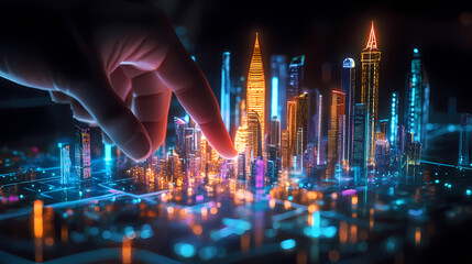 Fototapeta premium A finger interacts with a futuristic holographic city model featuring illuminated skyscrapers and dynamic digital elements. Futuristic Holographic Cities. Illustration