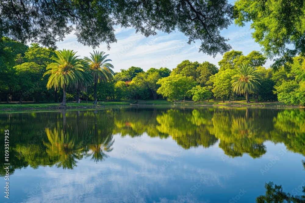 Poster a serene lake scene with trees and grass surrounding the water's edge
