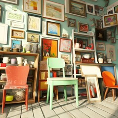 An artistic arrangement of vintage furniture and eclectic wall art in a charming second-hand shop, highlighting a unique and curated aesthetic.