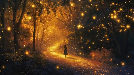 Obraz premium Girl in magical glowing forest path.