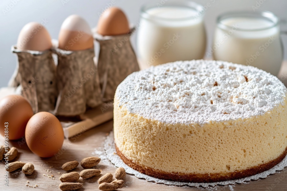 Poster a picture of a cake with almonds and eggs on a table, ideal for use in recipes or food-related conte