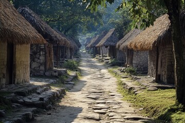 Fototapeta premium Rural village scene with traditional thatched huts along a dirt path