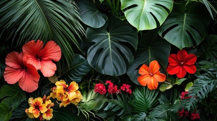 Obraz premium Vibrant Tropical Paradise: A Lush Tapestry of Hibiscus and Monstera