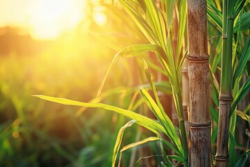 Close-up of sugarcane plants glowing in the warm sunlight