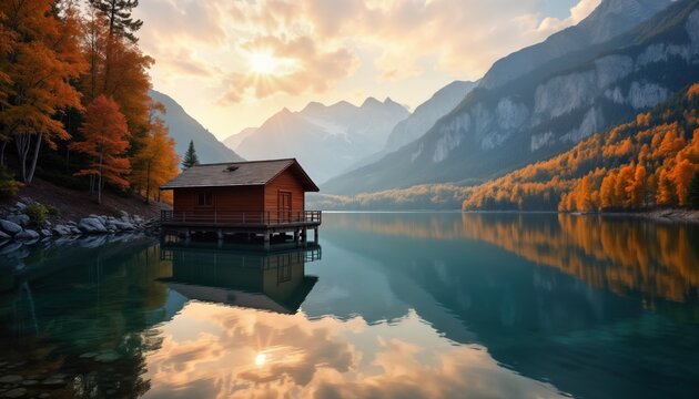 Serene lake landscape at sunrise sunset. Calm water reflects majestic mountains. Wooden boathouse sits peacefully on water. Autumn colors paint trees. Peaceful, tranquil scenery. Destination location. - Powered by Adobe