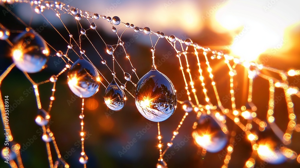 Poster Raindrops on a Spider Web Sparkling in the Su