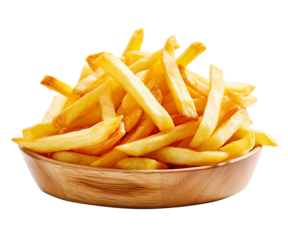 Serving of crispy golden French fries, fried potato served in wooden bowl, ideal for fast food or snack time. Isolated on transparent or white background.