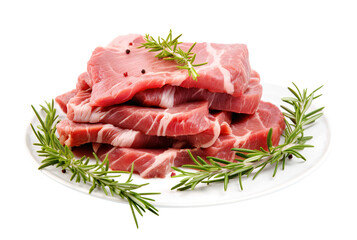 Fresh uncooked raw beef steaks stacked on white plate garnished with rosemary and peppercorns, perfect for culinary and recipes. Isolated on transparent or white background.