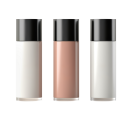 Three elegant cosmetic bottles with black caps with lotion, cream and moisturizer, neutral tones, perfect for variety of skincare and beauty products. Isolated on transparent or white background.