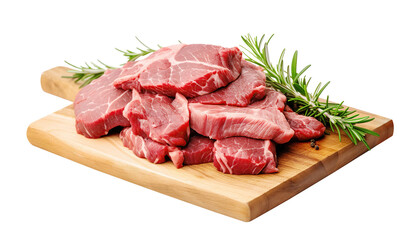 Fresh raw beef steaks arranged on wooden cutting board with sprigs of rosemary and black pepper,...